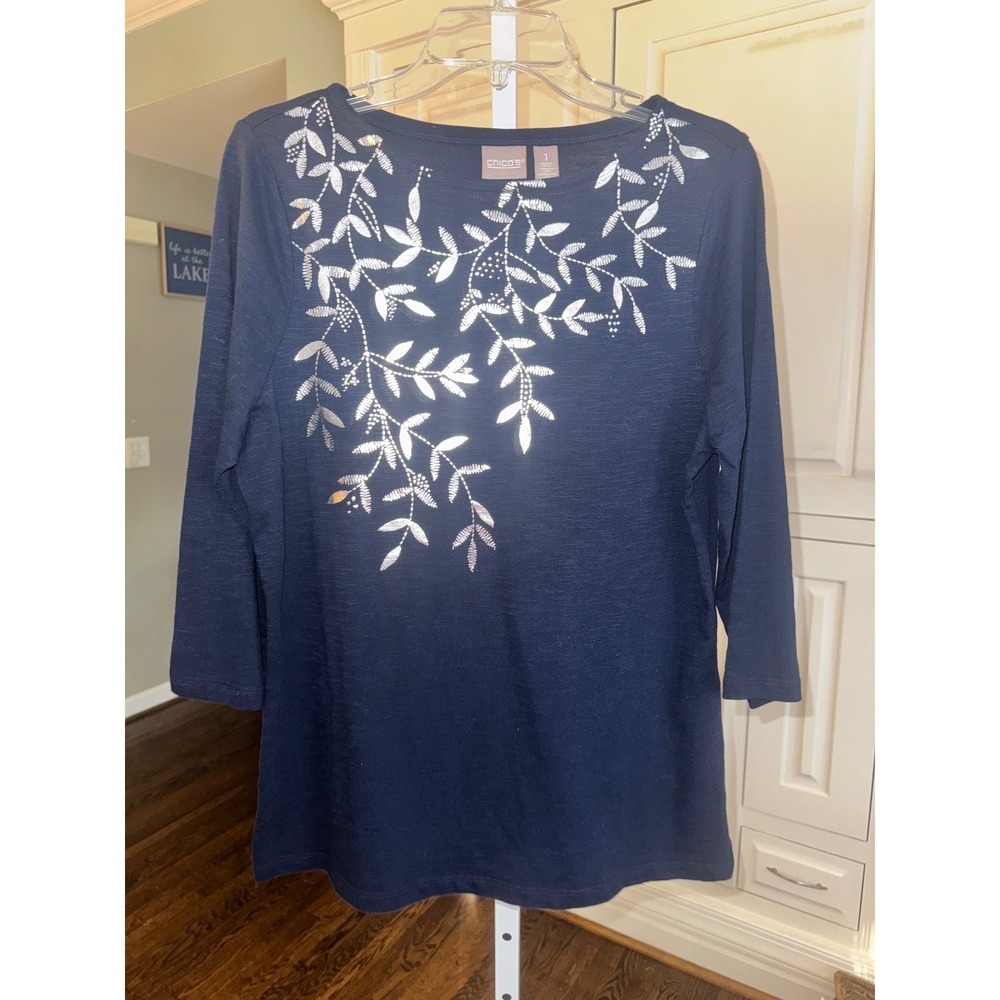 Chicos Navy Blue Silver Foil Leaf 100% Cotton 3/4 Sleeve‎ Slub Knit Top Size 1 M